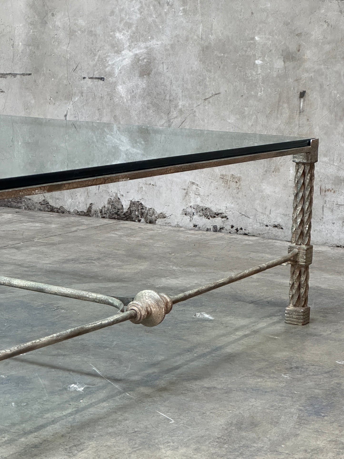 Vintage Italian Wrought Iron Coffee Table, Twisted Rope Base, Glass Top, 60in