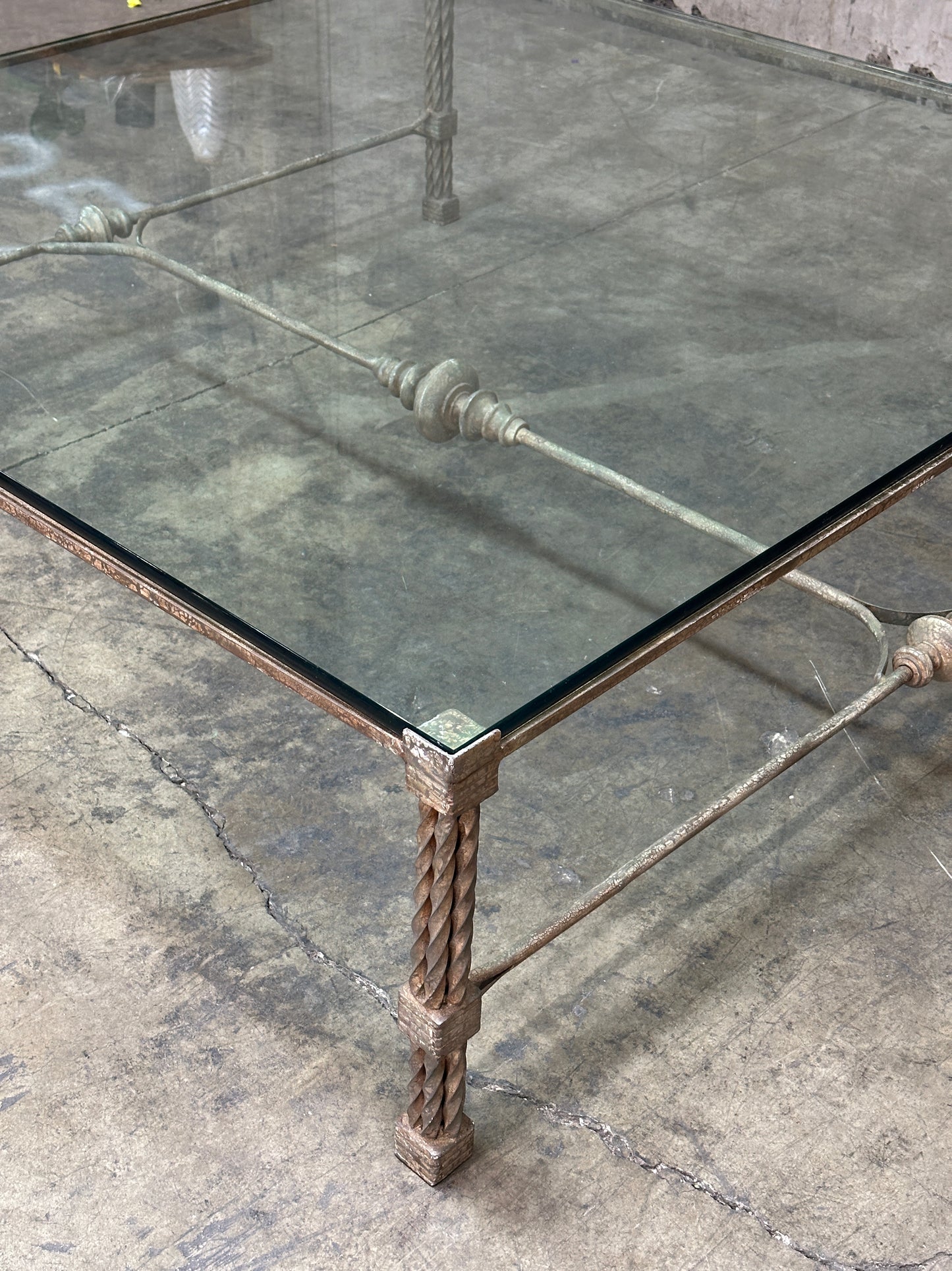 Vintage Italian Wrought Iron Coffee Table, Twisted Rope Base, Glass Top, 60in