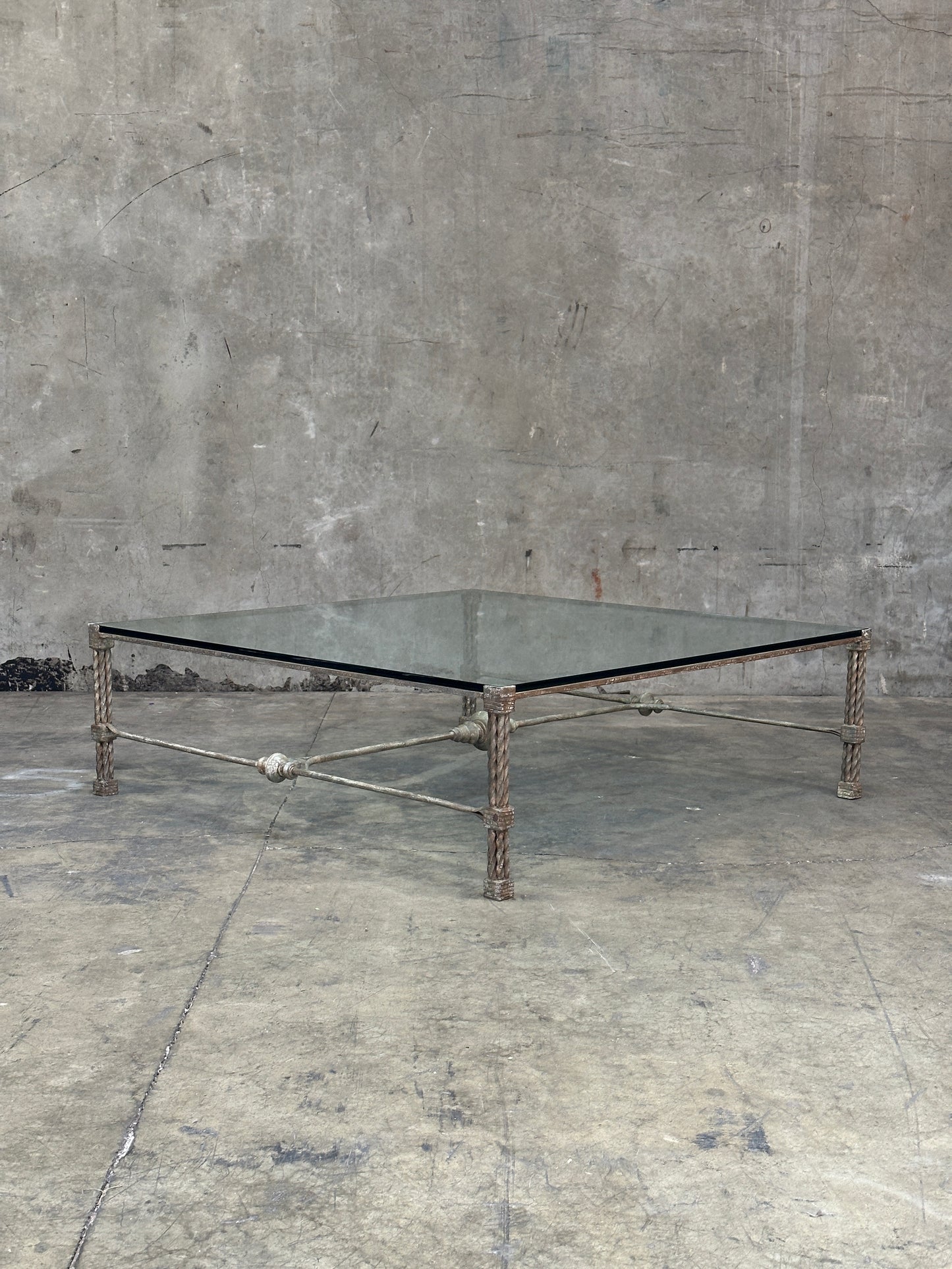 Vintage Italian Wrought Iron Coffee Table, Twisted Rope Base, Glass Top, 60in