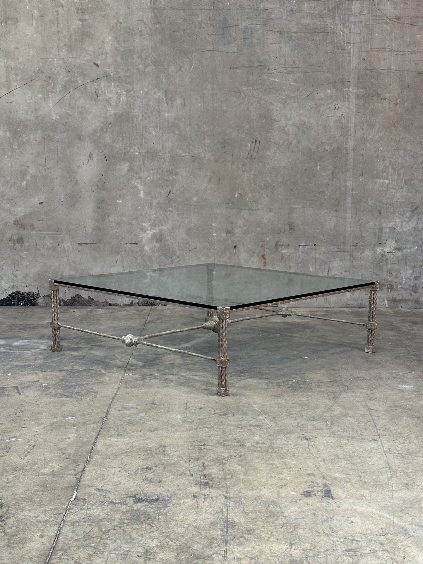 Vintage Italian Wrought Iron Coffee Table, Twisted Rope Base, Glass Top, 60in