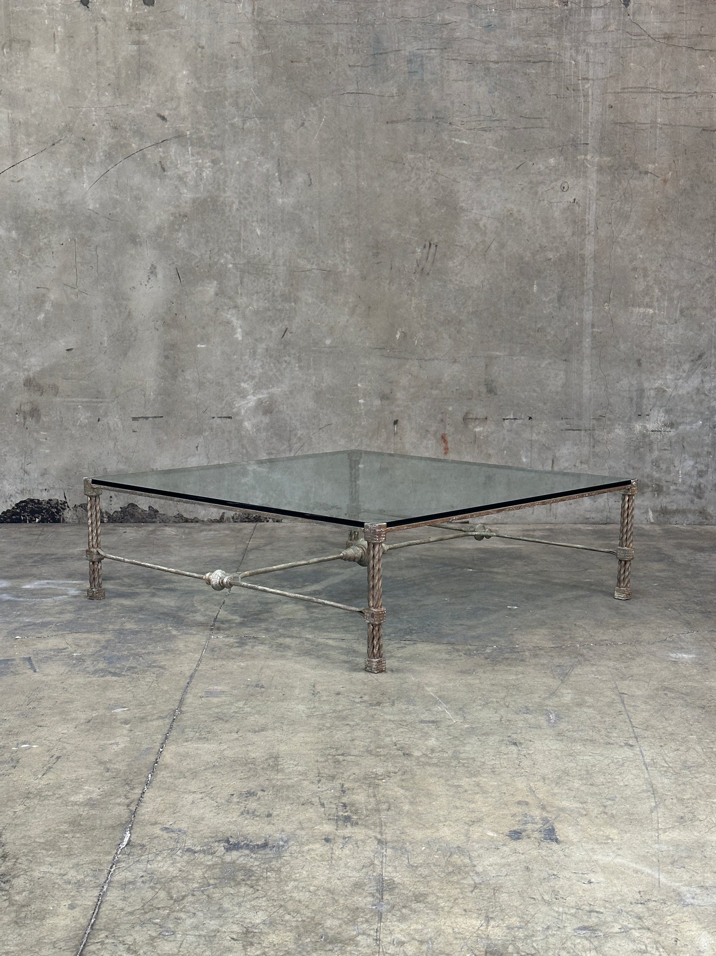 Vintage Italian Wrought Iron Coffee Table, Twisted Rope Base, Glass Top, 60in