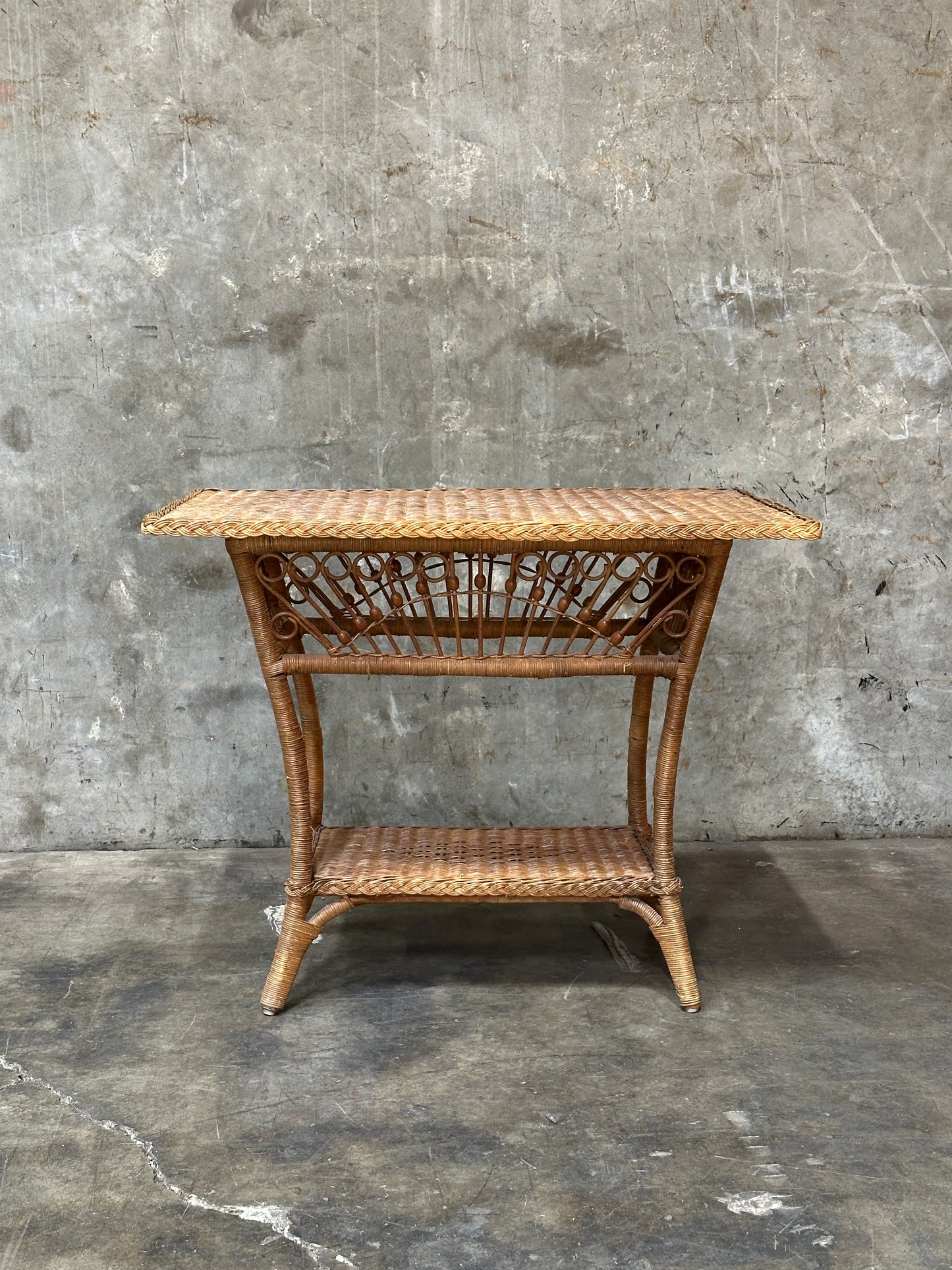 Polo Ralph Lauren Wicker Side Table, Rattan, Coastal Hamptons, Brass Plaque