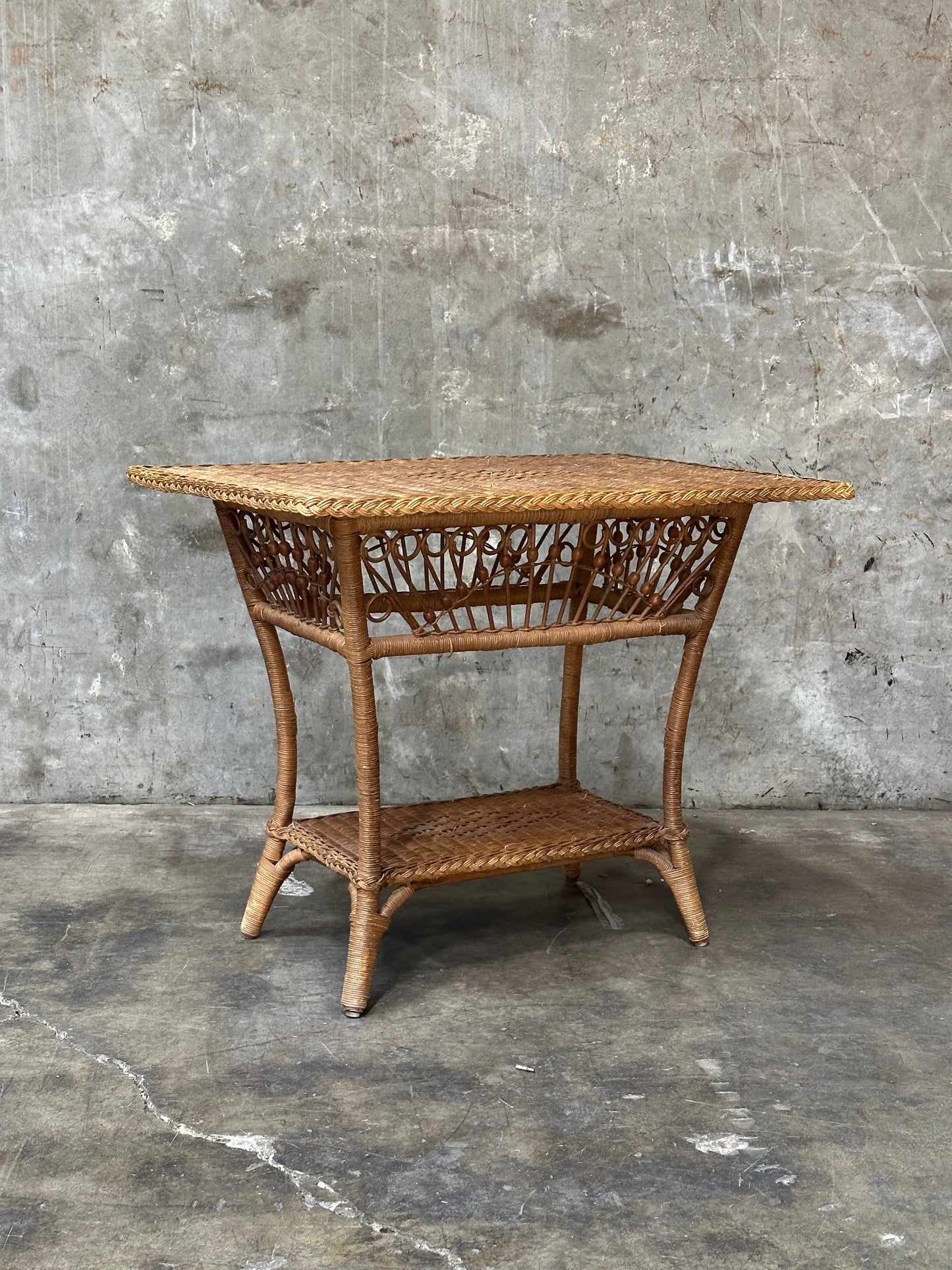 Polo Ralph Lauren Wicker Side Table, Rattan, Coastal Hamptons, Brass Plaque