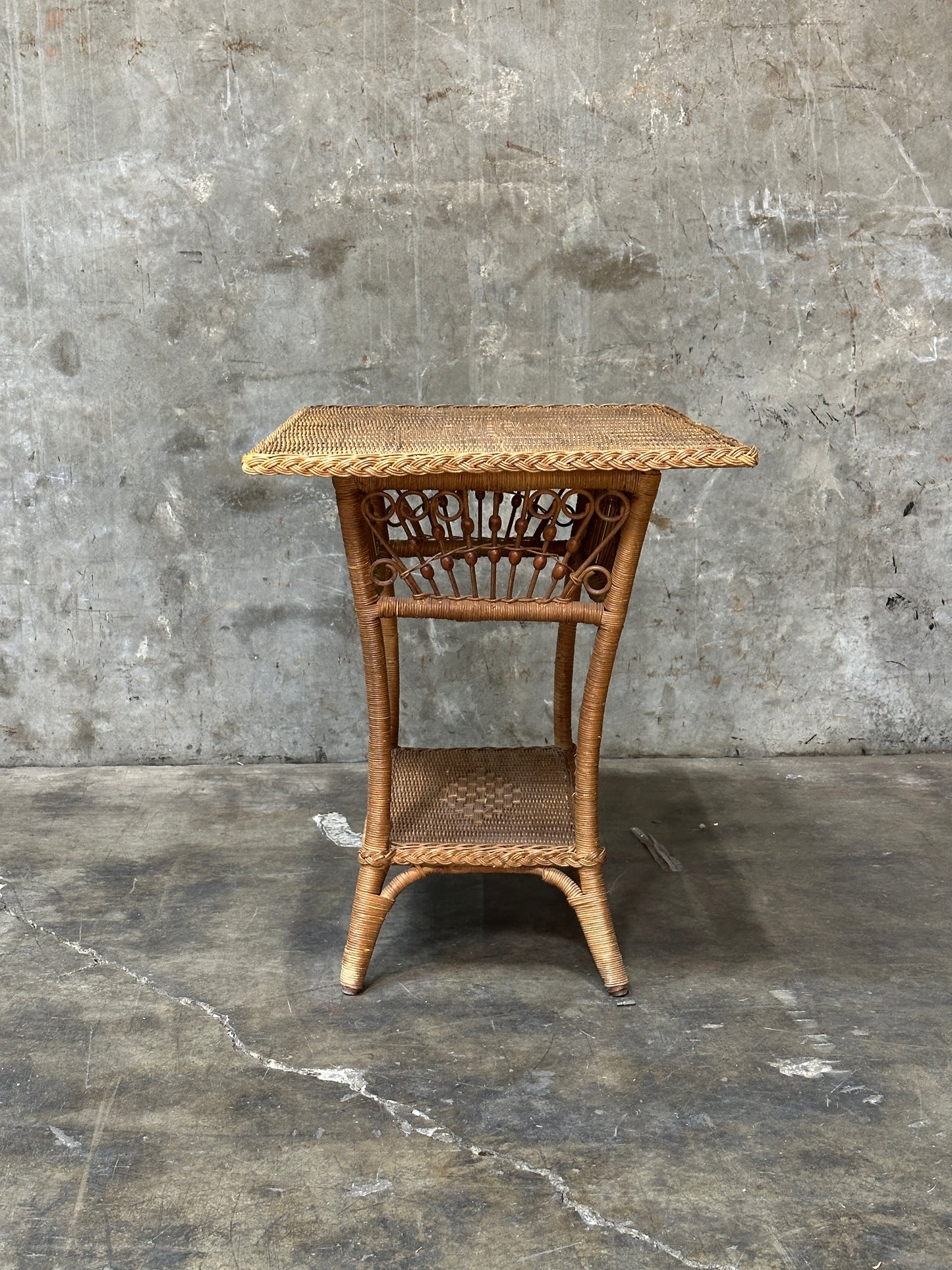 Polo Ralph Lauren Wicker Side Table, Rattan, Coastal Hamptons, Brass Plaque