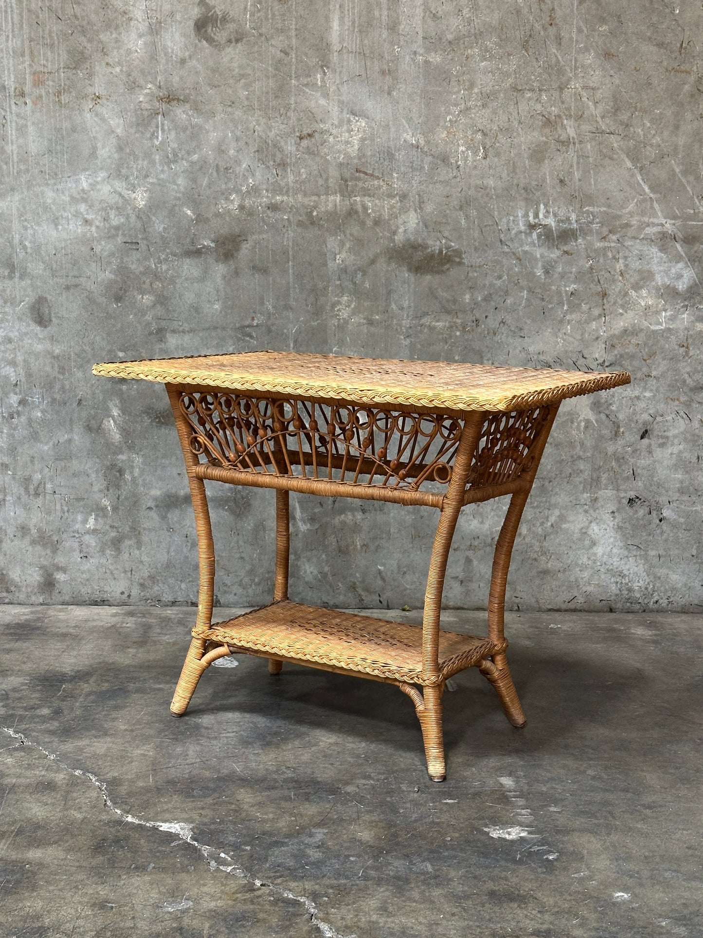 Polo Ralph Lauren Wicker Side Table, Rattan, Coastal Hamptons, Brass Plaque