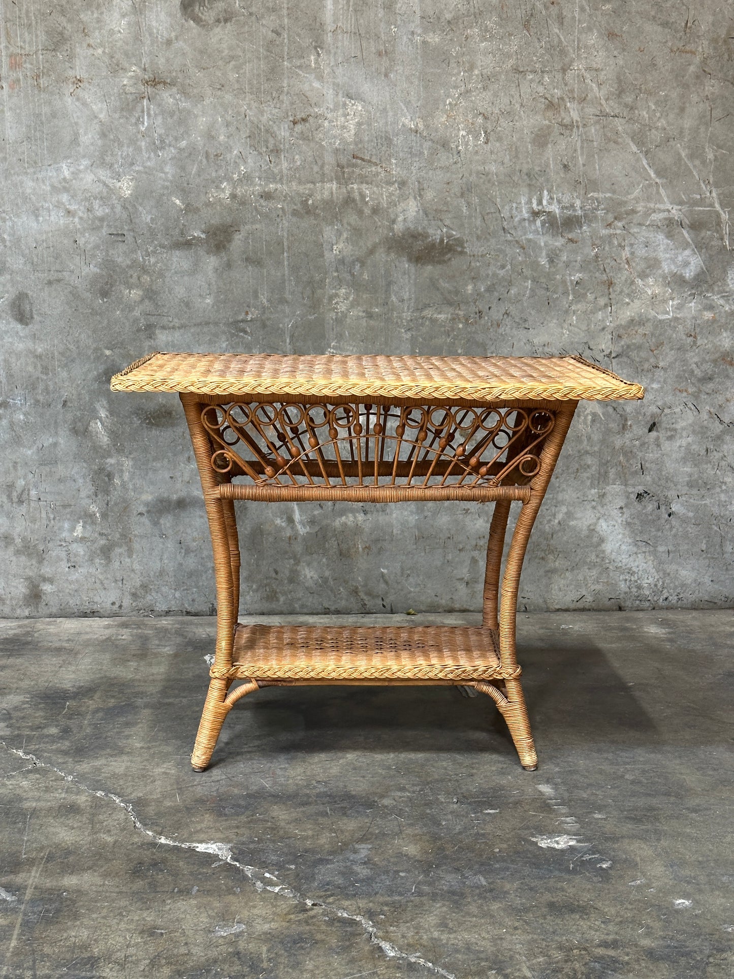 Polo Ralph Lauren Wicker Side Table, Rattan, Coastal Hamptons, Brass Plaque