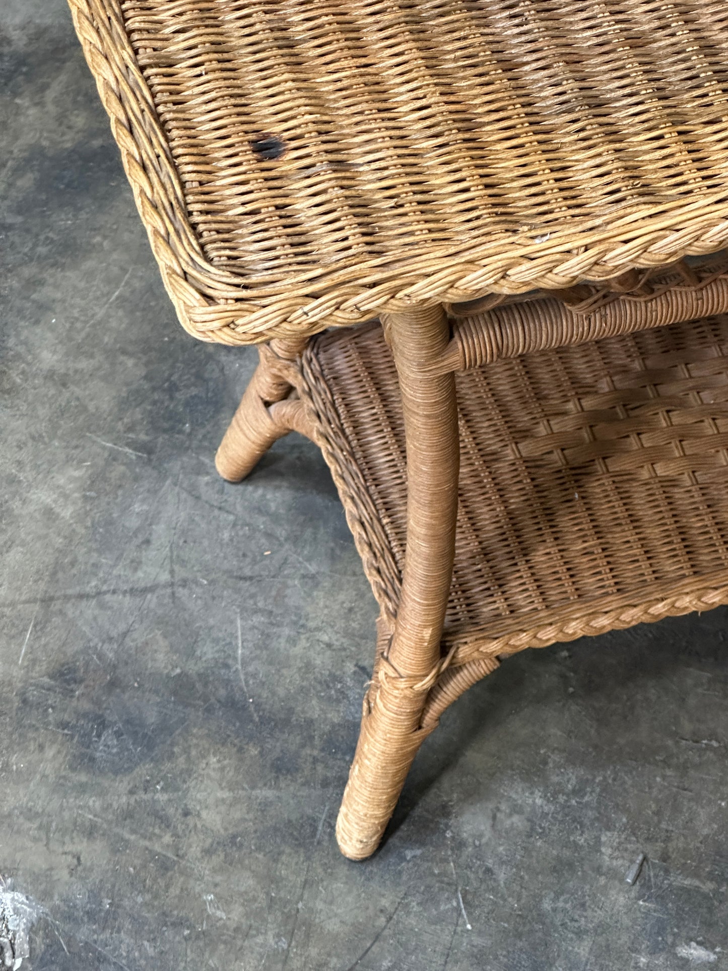 Polo Ralph Lauren Wicker Side Table, Rattan, Coastal Hamptons, Brass Plaque