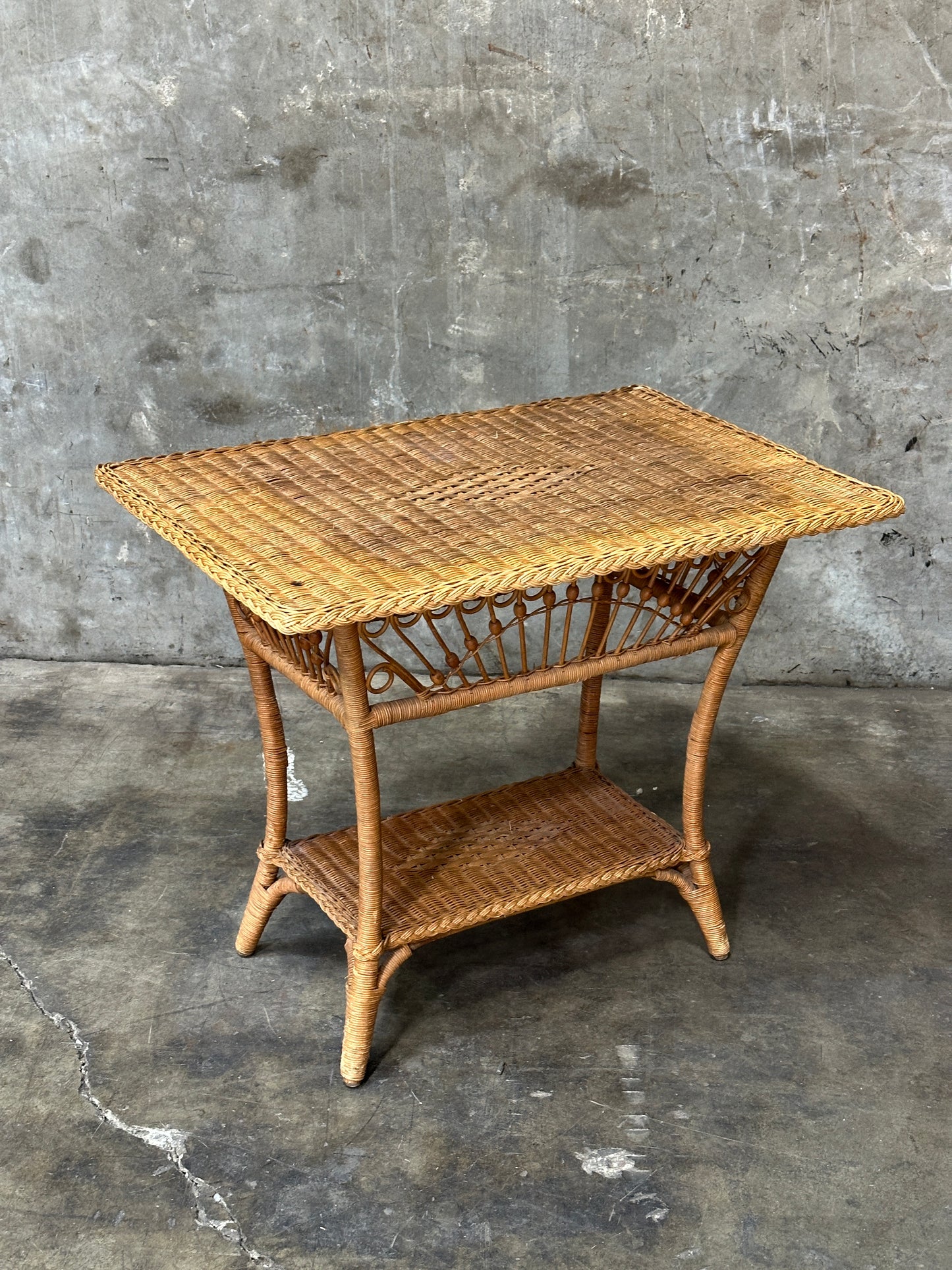 Polo Ralph Lauren Wicker Side Table, Rattan, Coastal Hamptons, Brass Plaque