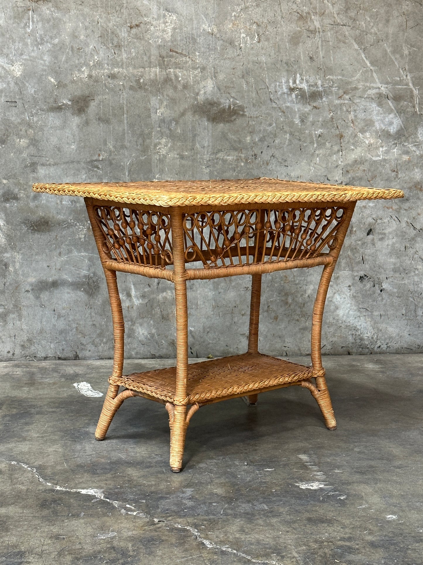 Polo Ralph Lauren Wicker Side Table, Rattan, Coastal Hamptons, Brass Plaque