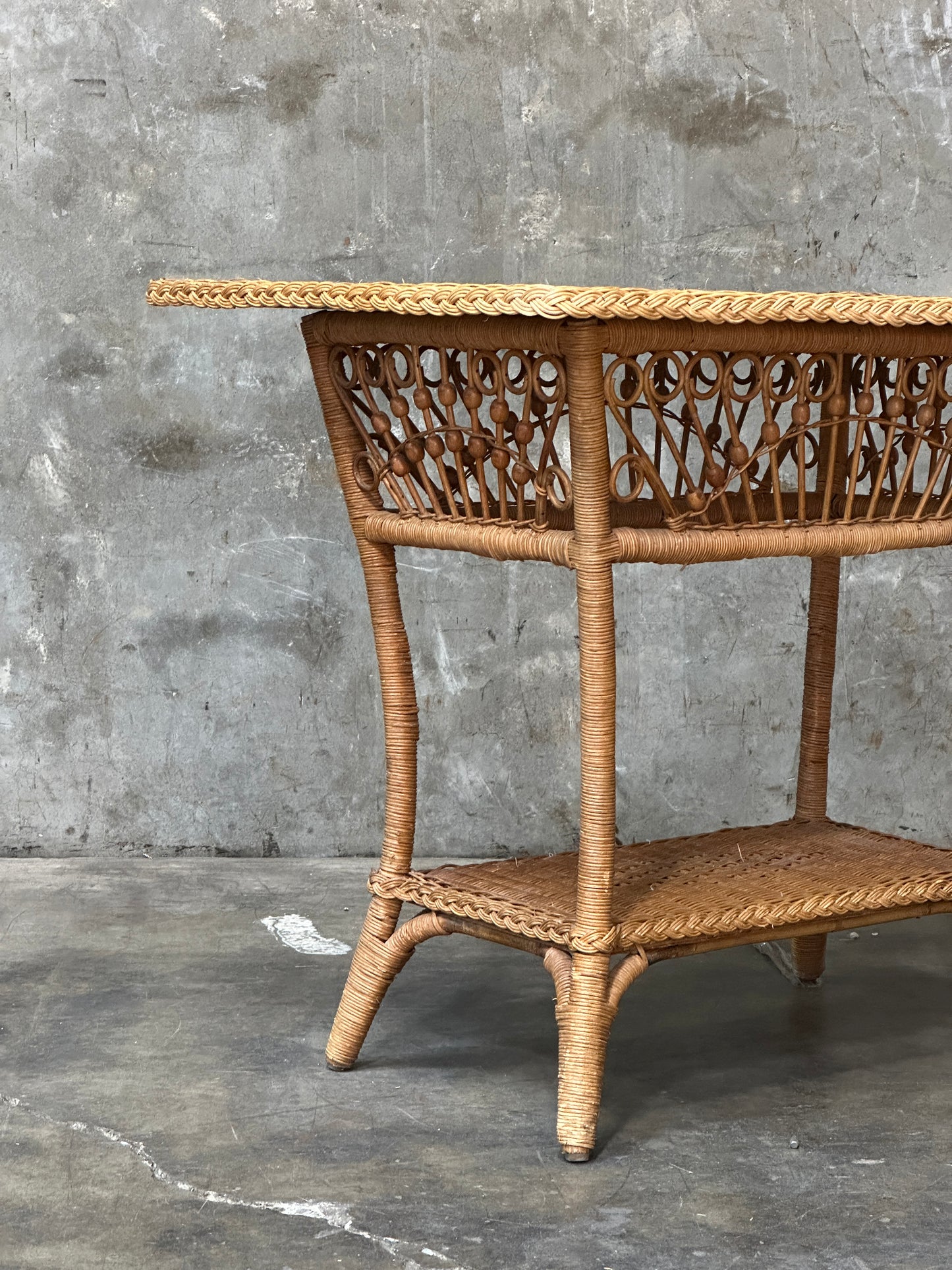 Polo Ralph Lauren Wicker Side Table, Rattan, Coastal Hamptons, Brass Plaque