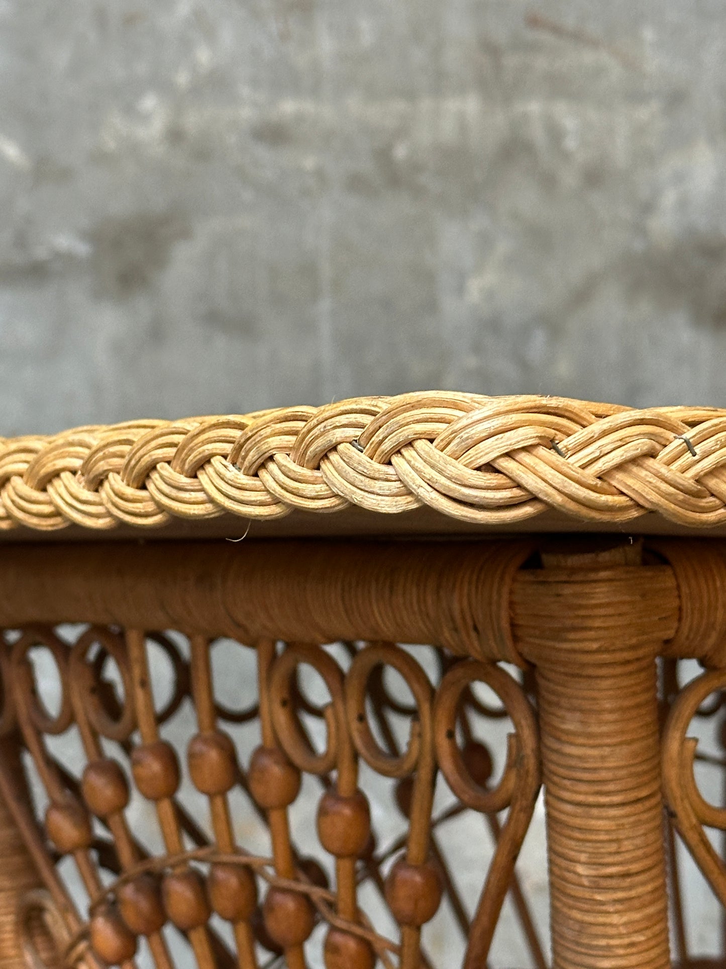 Polo Ralph Lauren Wicker Side Table, Rattan, Coastal Hamptons, Brass Plaque
