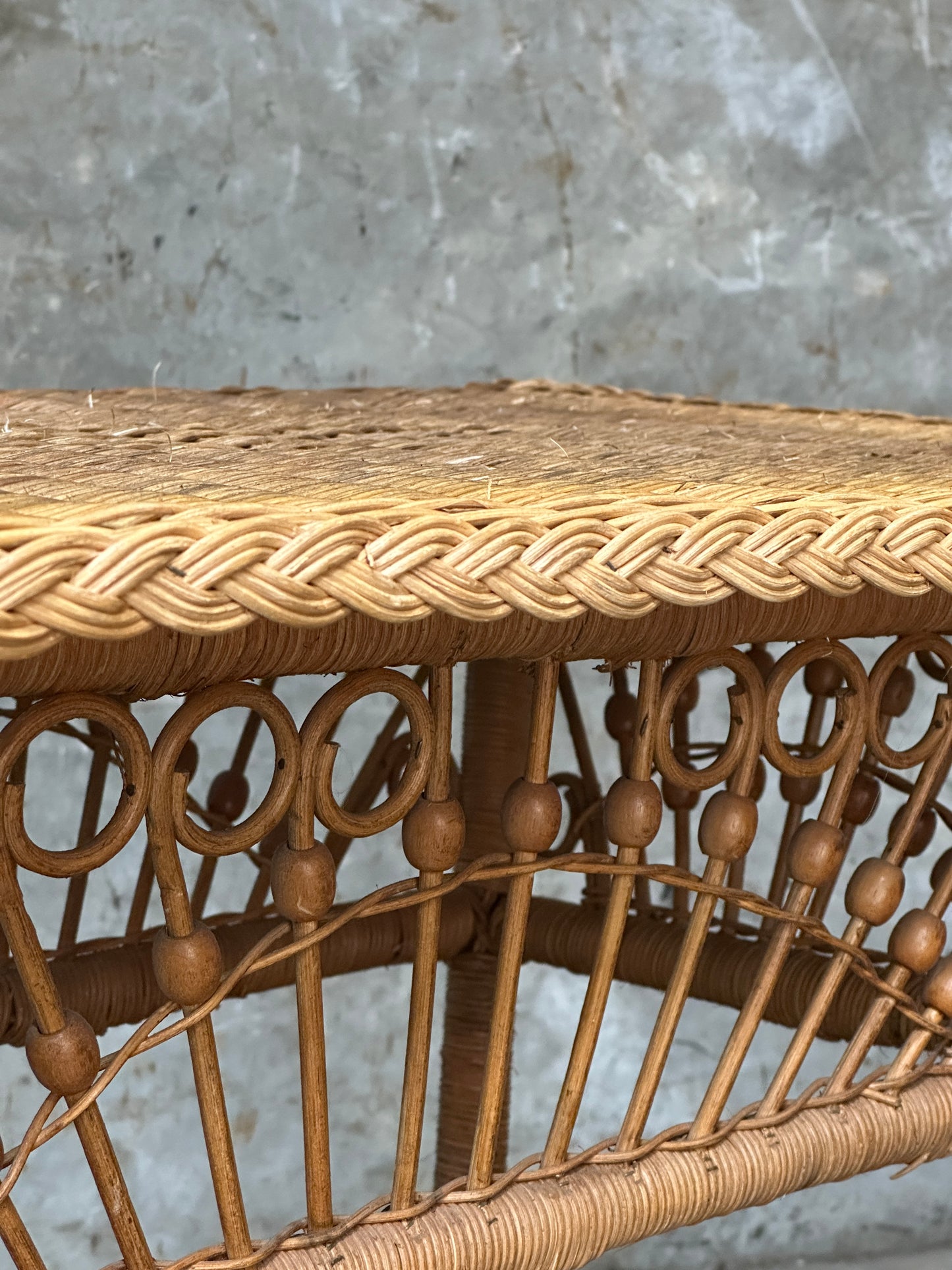Polo Ralph Lauren Wicker Side Table, Rattan, Coastal Hamptons, Brass Plaque