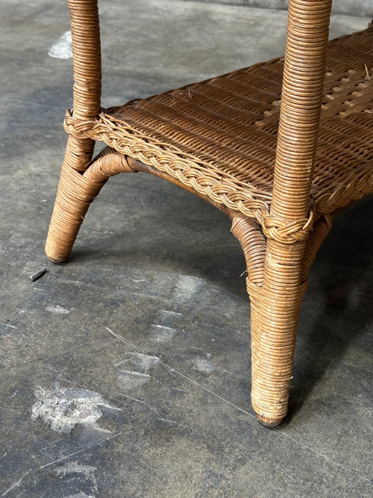 Polo Ralph Lauren Wicker Side Table, Rattan, Coastal Hamptons, Brass Plaque