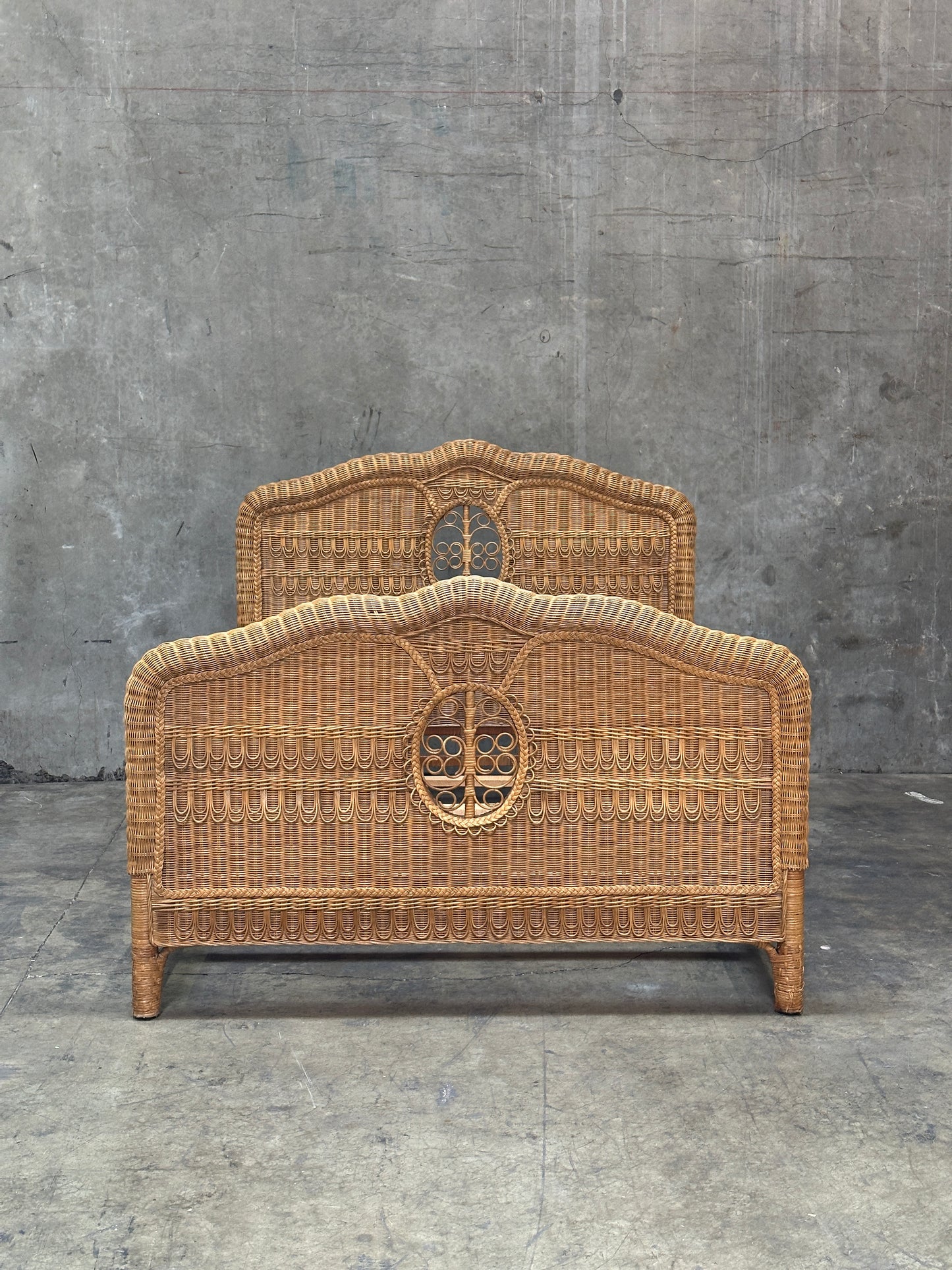 Polo Ralph Lauren Wicker Bed Queen, Scrolled Headboard, Brass Plaque