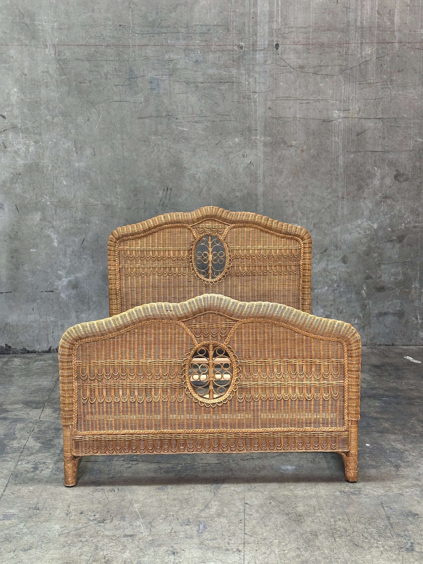 Polo Ralph Lauren Wicker Bed Queen, Scrolled Headboard, Brass Plaque