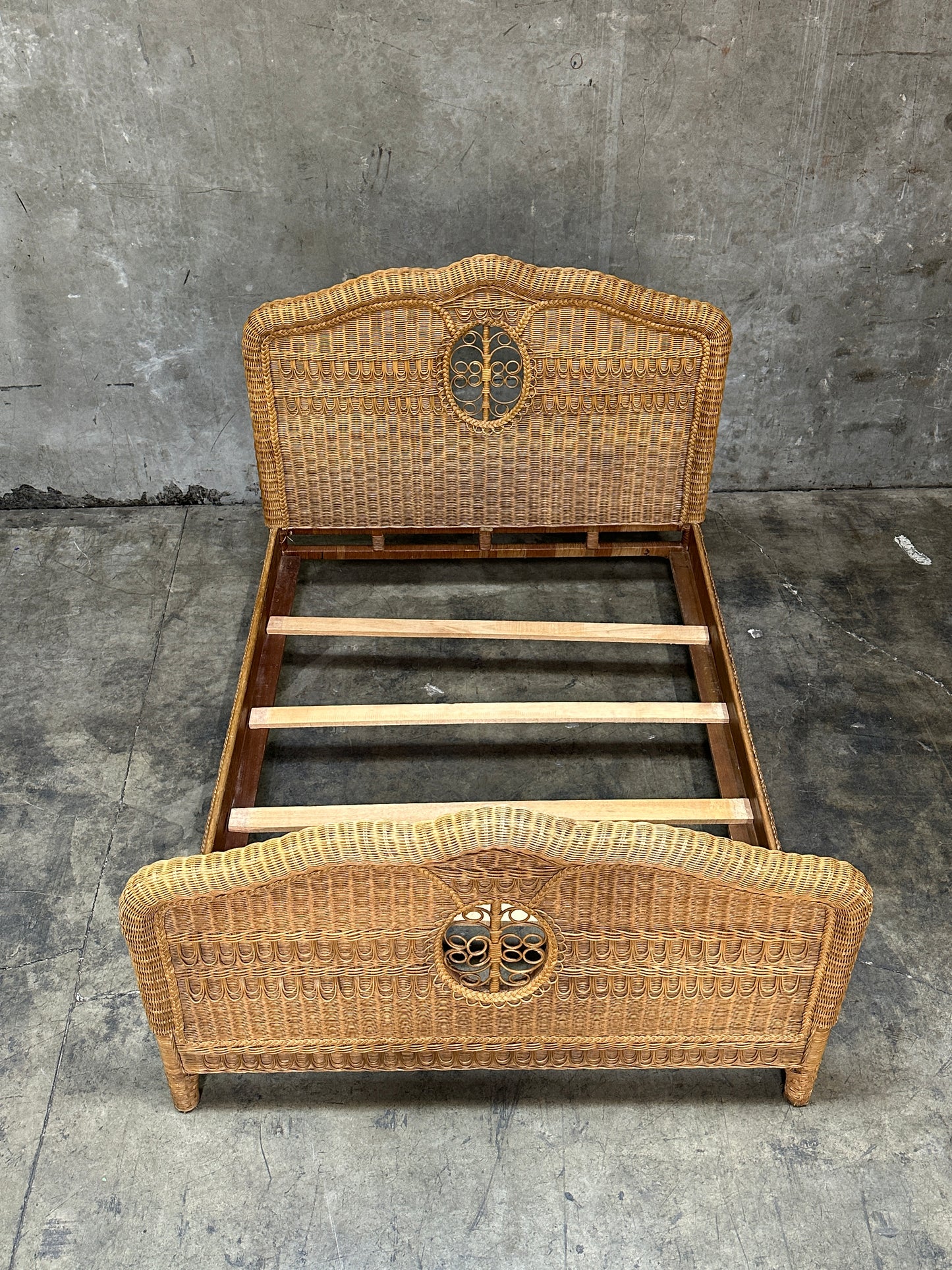 Polo Ralph Lauren Wicker Bed Queen, Scrolled Headboard, Brass Plaque