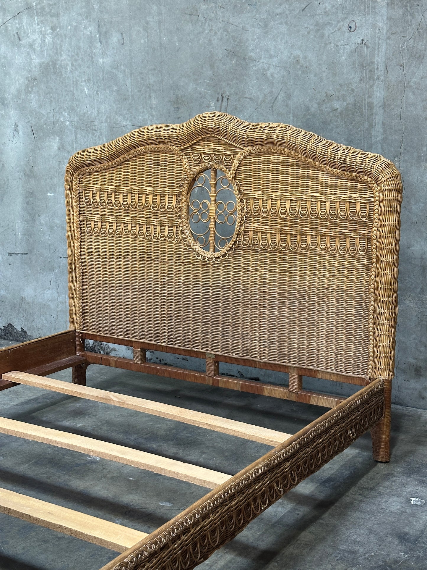 Polo Ralph Lauren Wicker Bed Queen, Scrolled Headboard, Brass Plaque