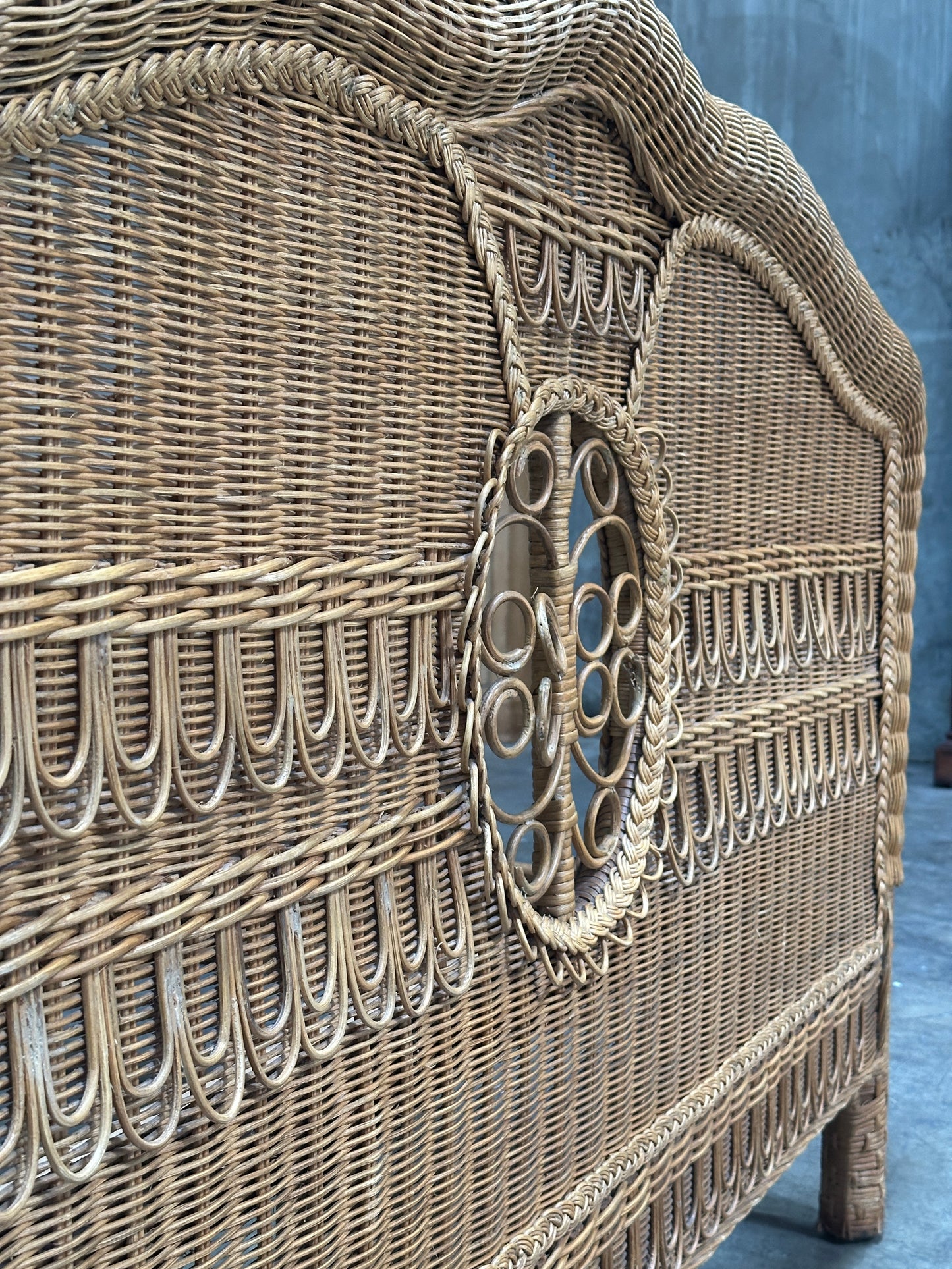 Polo Ralph Lauren Wicker Bed Queen, Scrolled Headboard, Brass Plaque