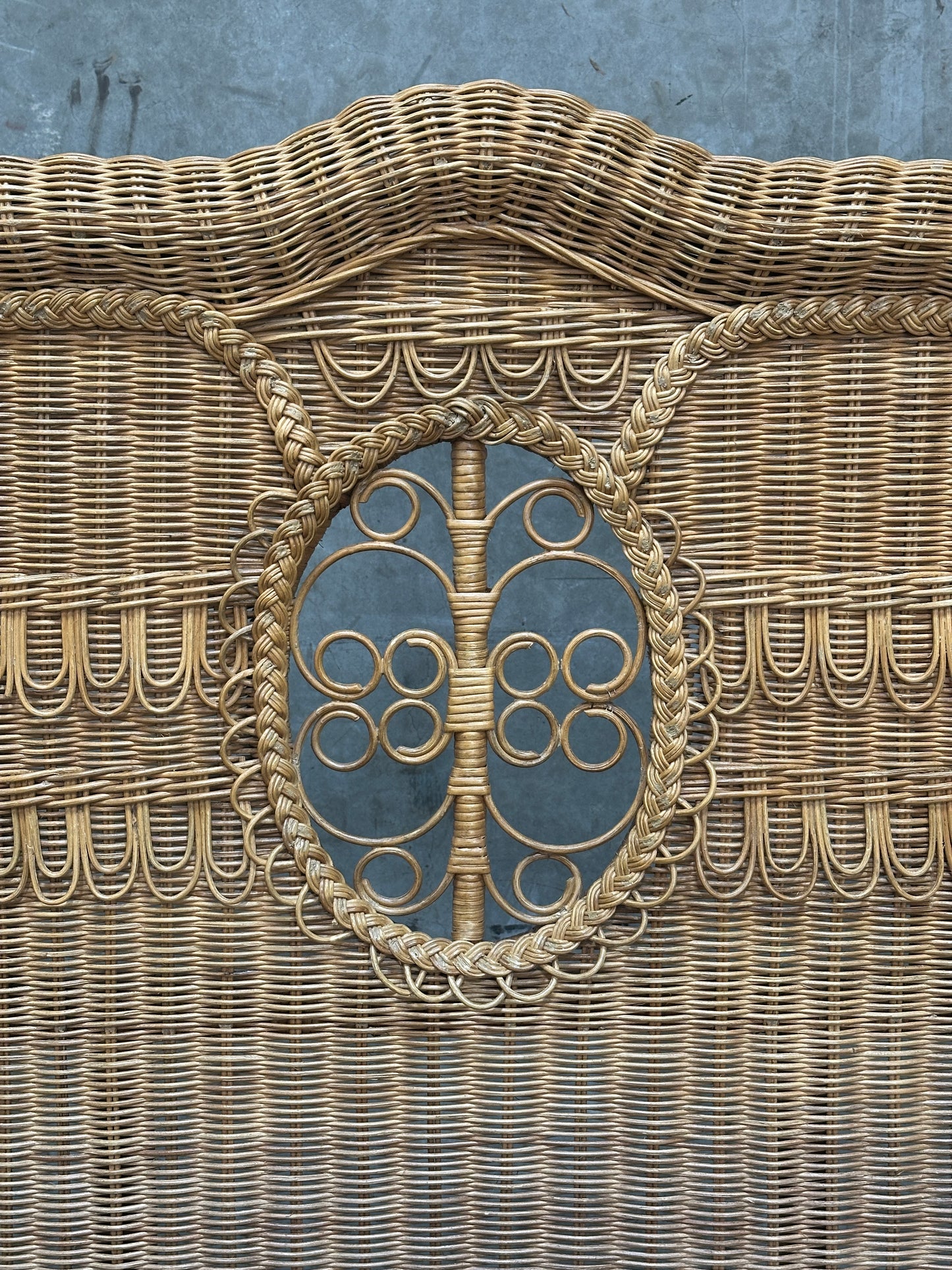 Polo Ralph Lauren Wicker Bed Queen, Scrolled Headboard, Brass Plaque