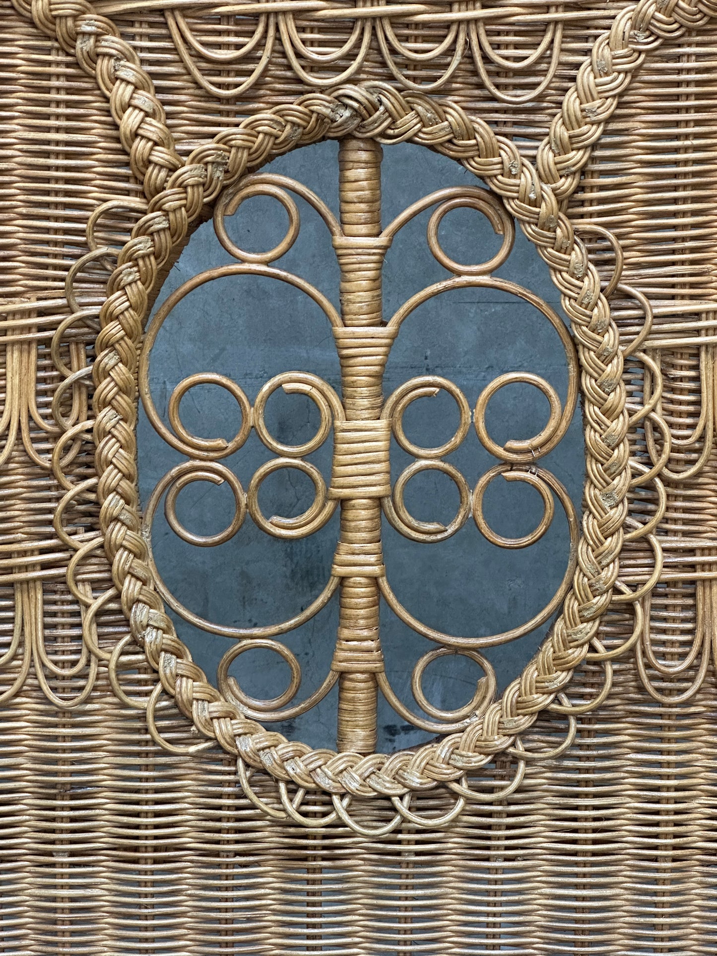 Polo Ralph Lauren Wicker Bed Queen, Scrolled Headboard, Brass Plaque