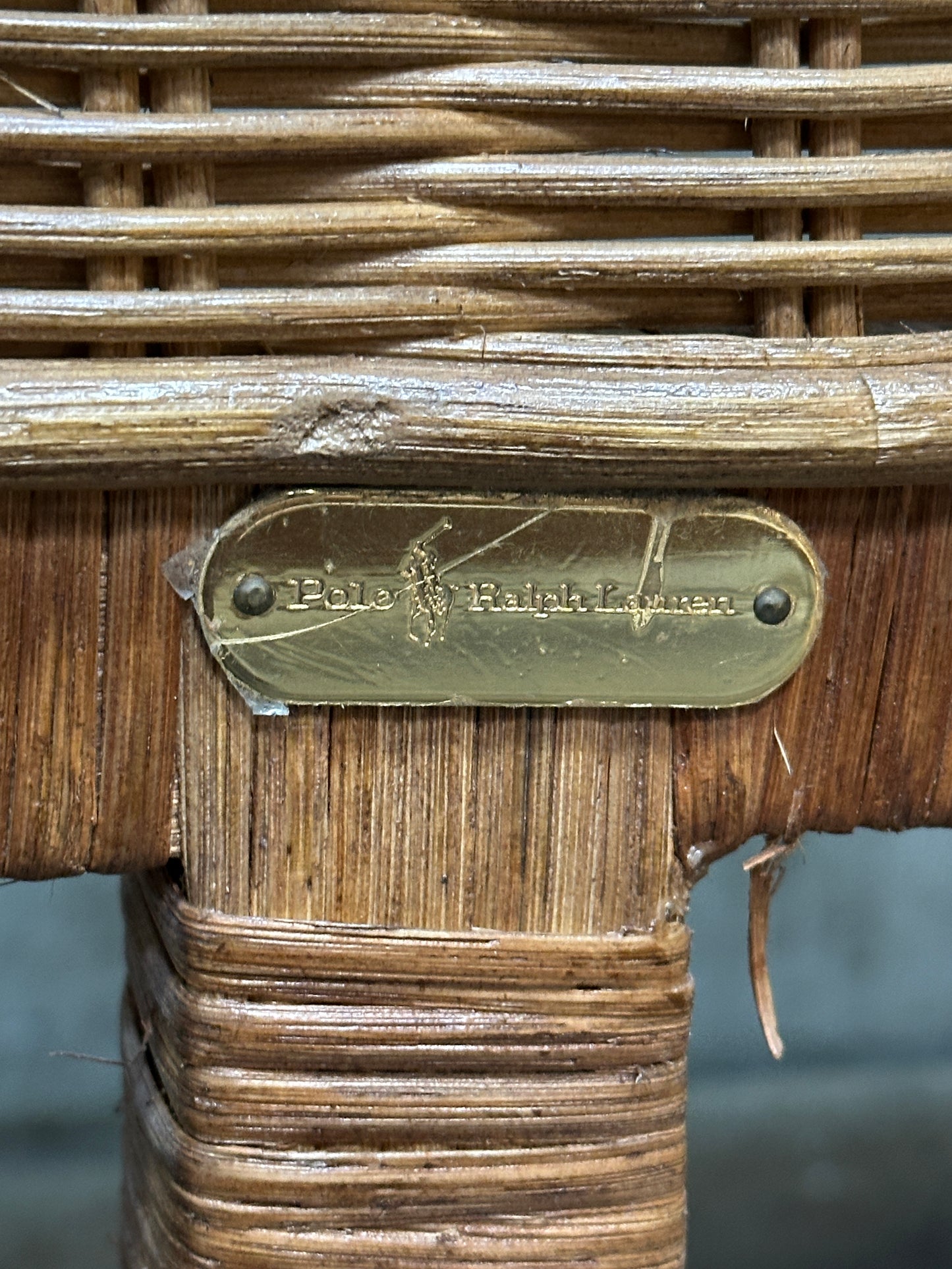 Polo Ralph Lauren Wicker Bed Queen, Scrolled Headboard, Brass Plaque