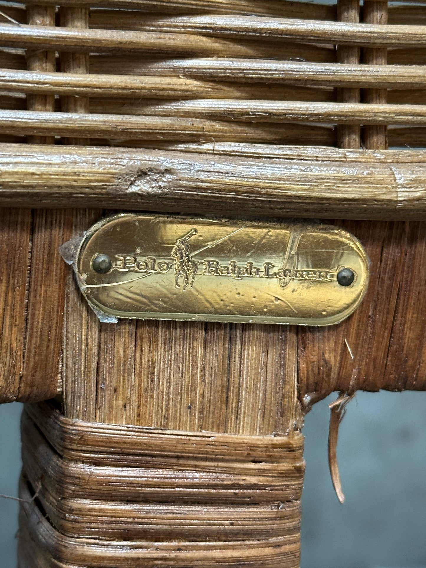 Polo Ralph Lauren Wicker Bed Queen, Scrolled Headboard, Brass Plaque