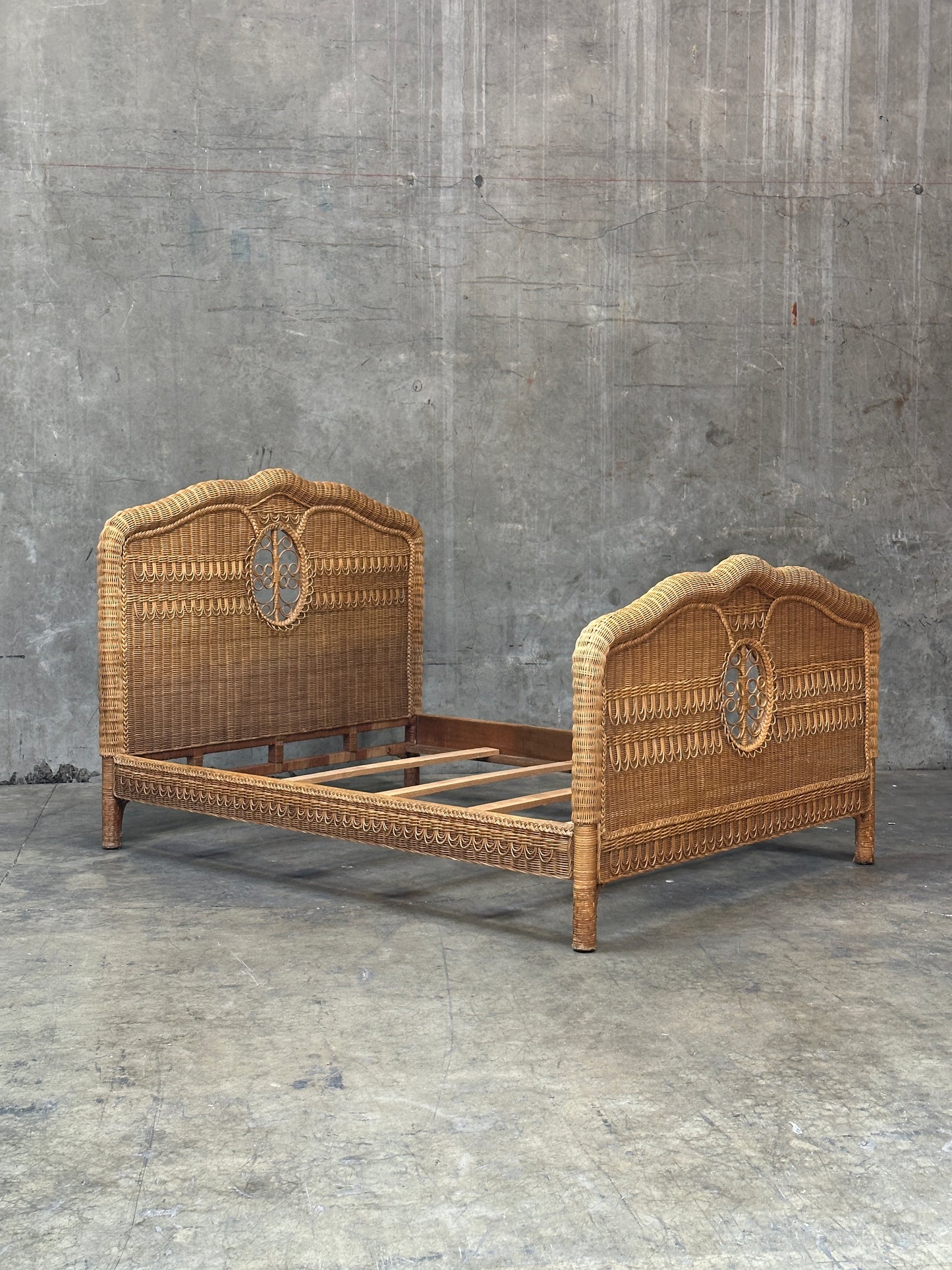 Polo Ralph Lauren Wicker Bed Queen, Scrolled Headboard, Brass Plaque
