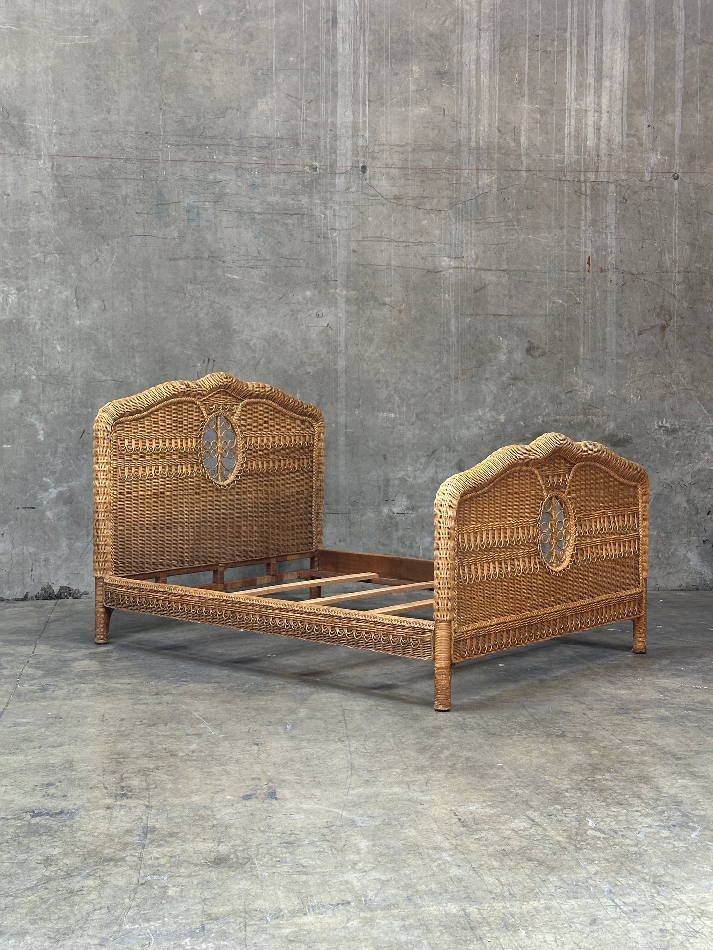 Polo Ralph Lauren Wicker Bed Queen, Scrolled Headboard, Brass Plaque