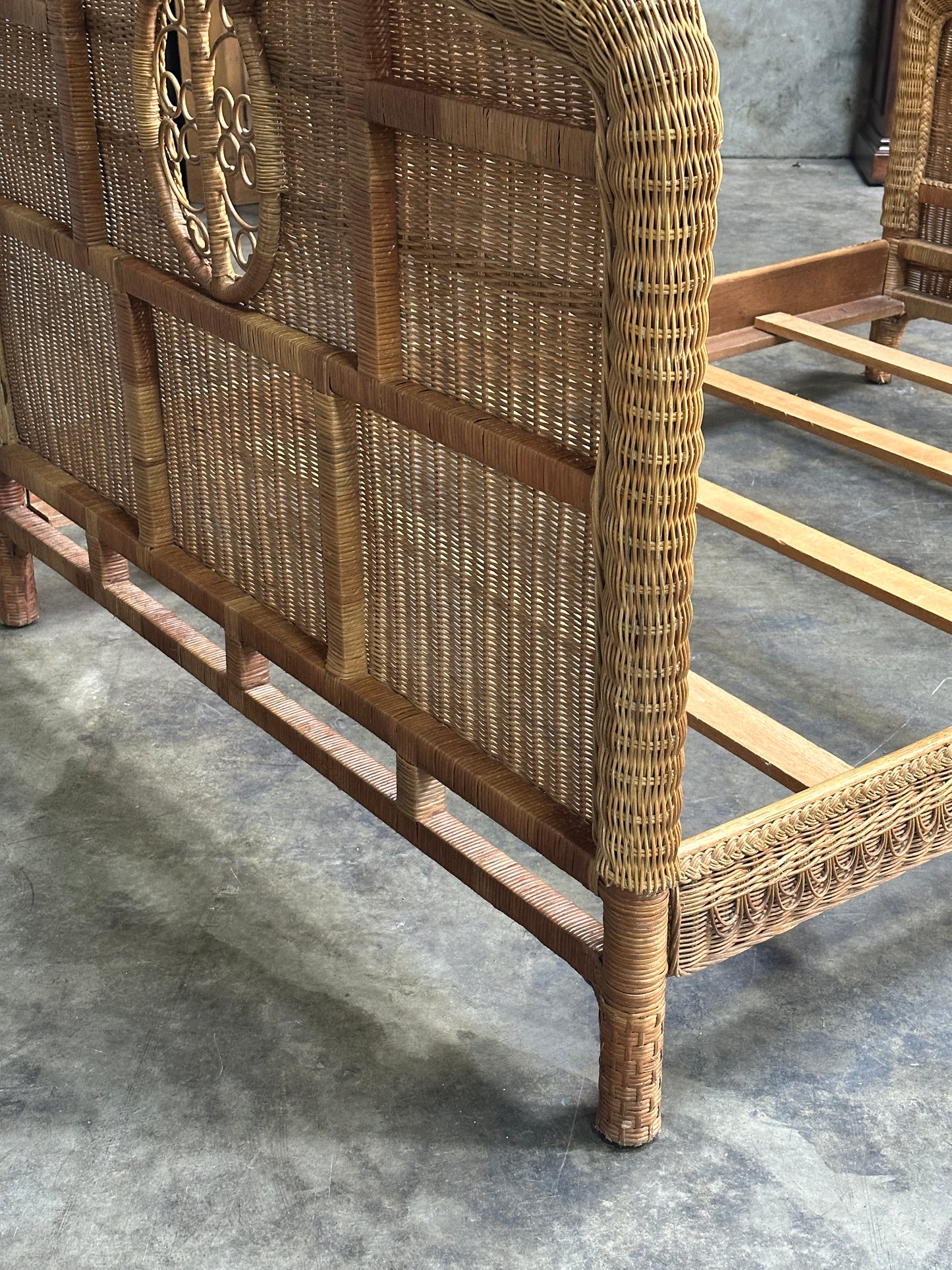 Polo Ralph Lauren Wicker Bed Queen, Scrolled Headboard, Brass Plaque