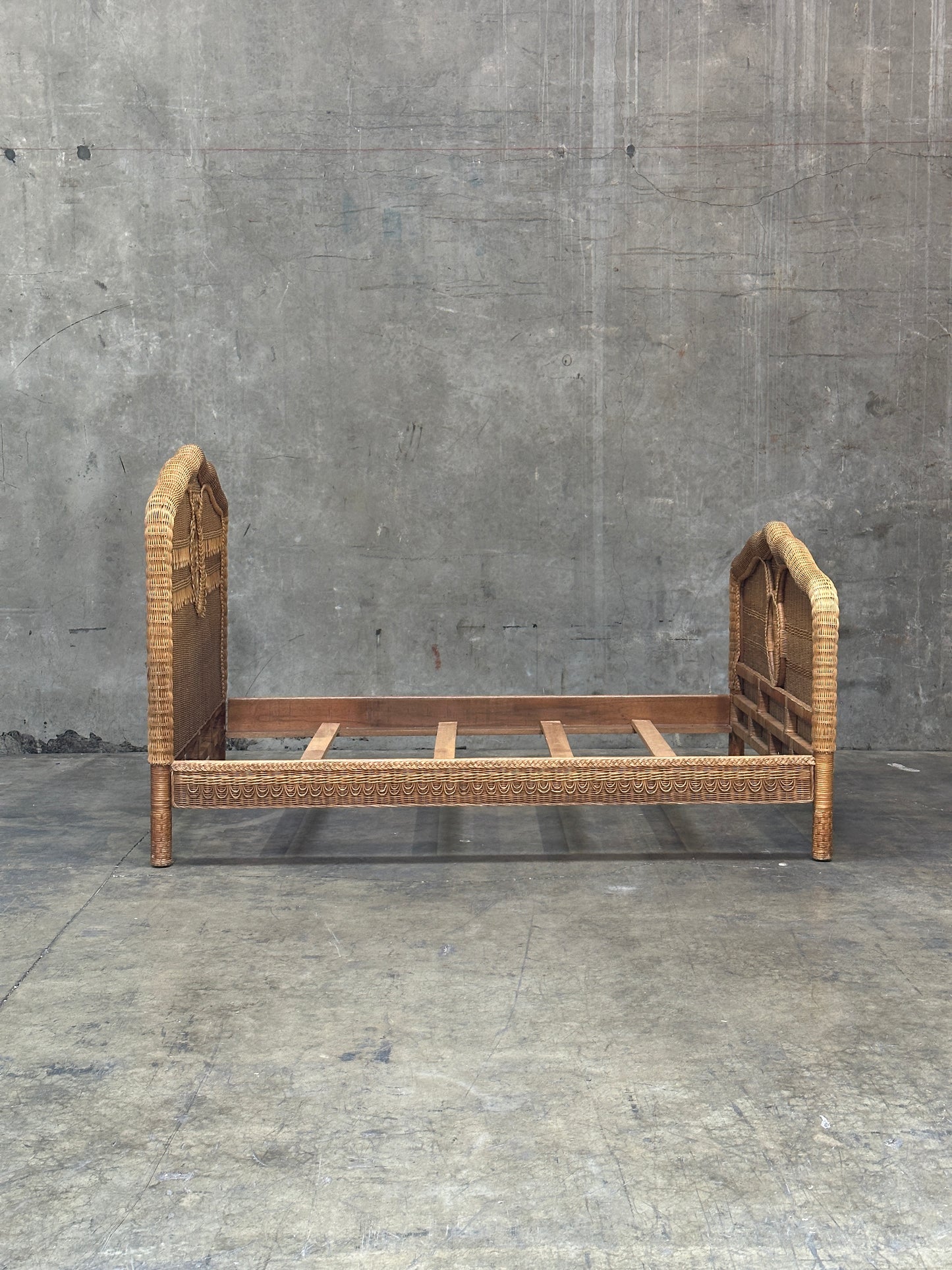 Polo Ralph Lauren Wicker Bed Queen, Scrolled Headboard, Brass Plaque
