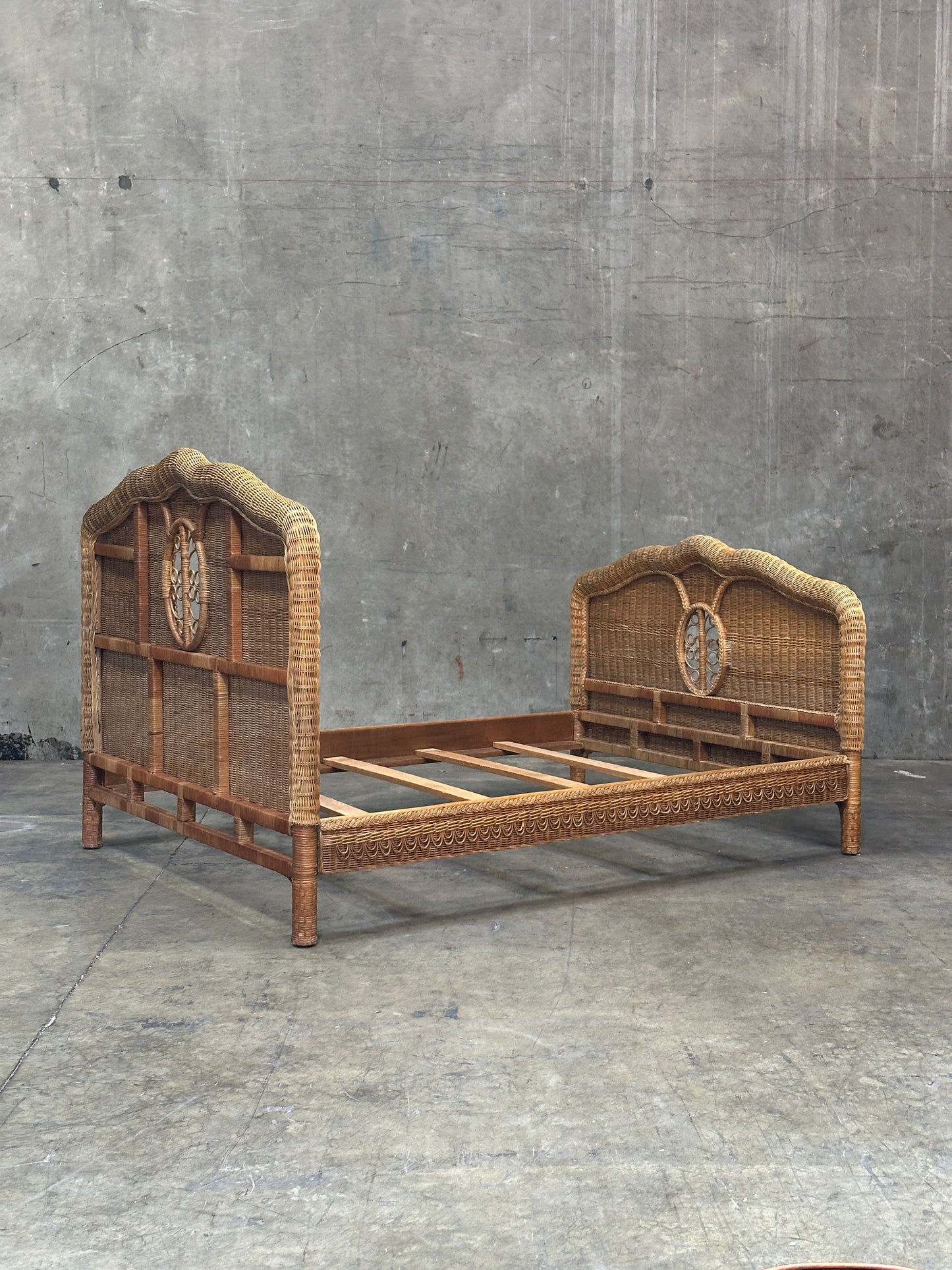 Polo Ralph Lauren Wicker Bed Queen, Scrolled Headboard, Brass Plaque