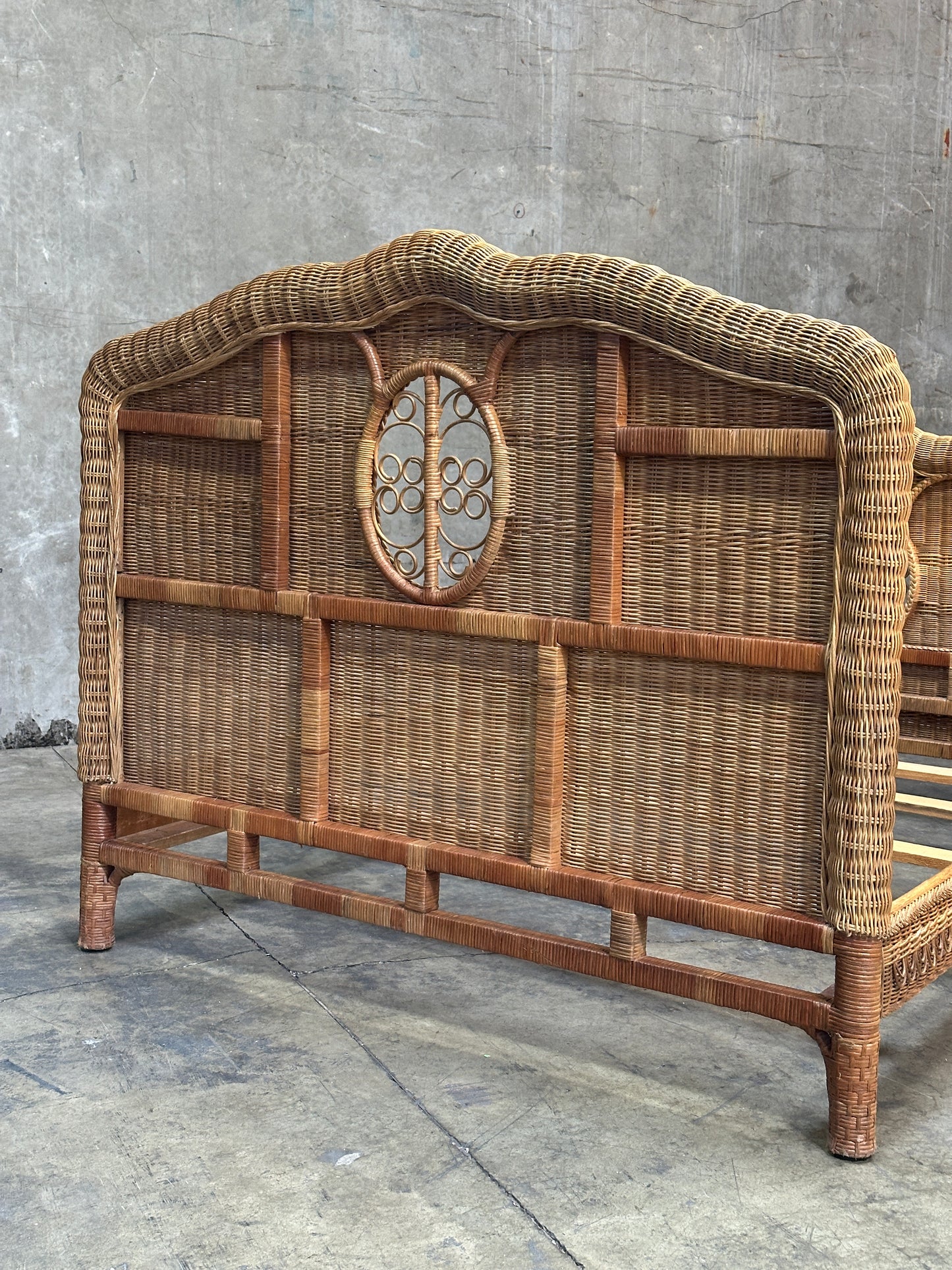 Polo Ralph Lauren Wicker Bed Queen, Scrolled Headboard, Brass Plaque