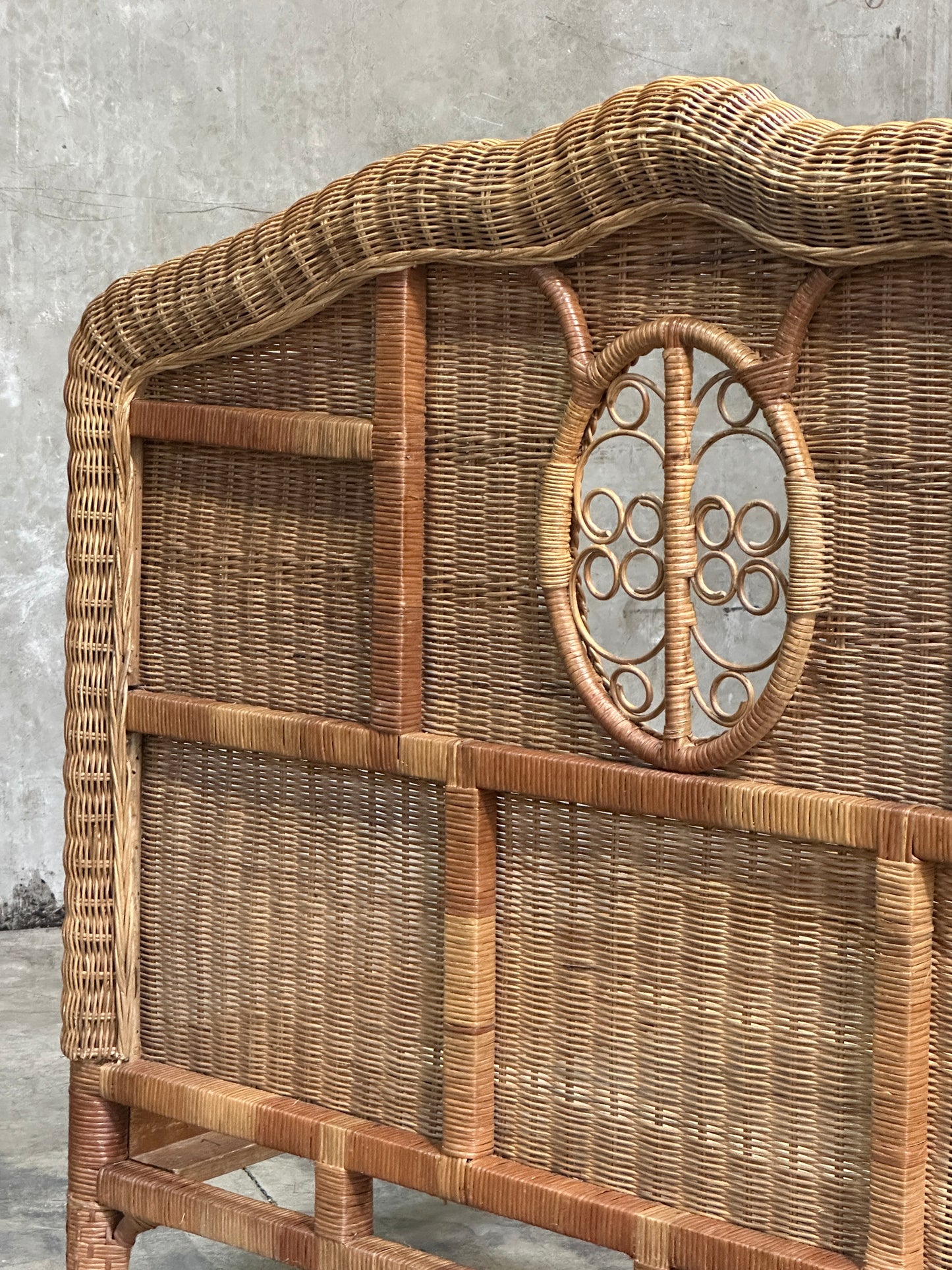 Polo Ralph Lauren Wicker Bed Queen, Scrolled Headboard, Brass Plaque