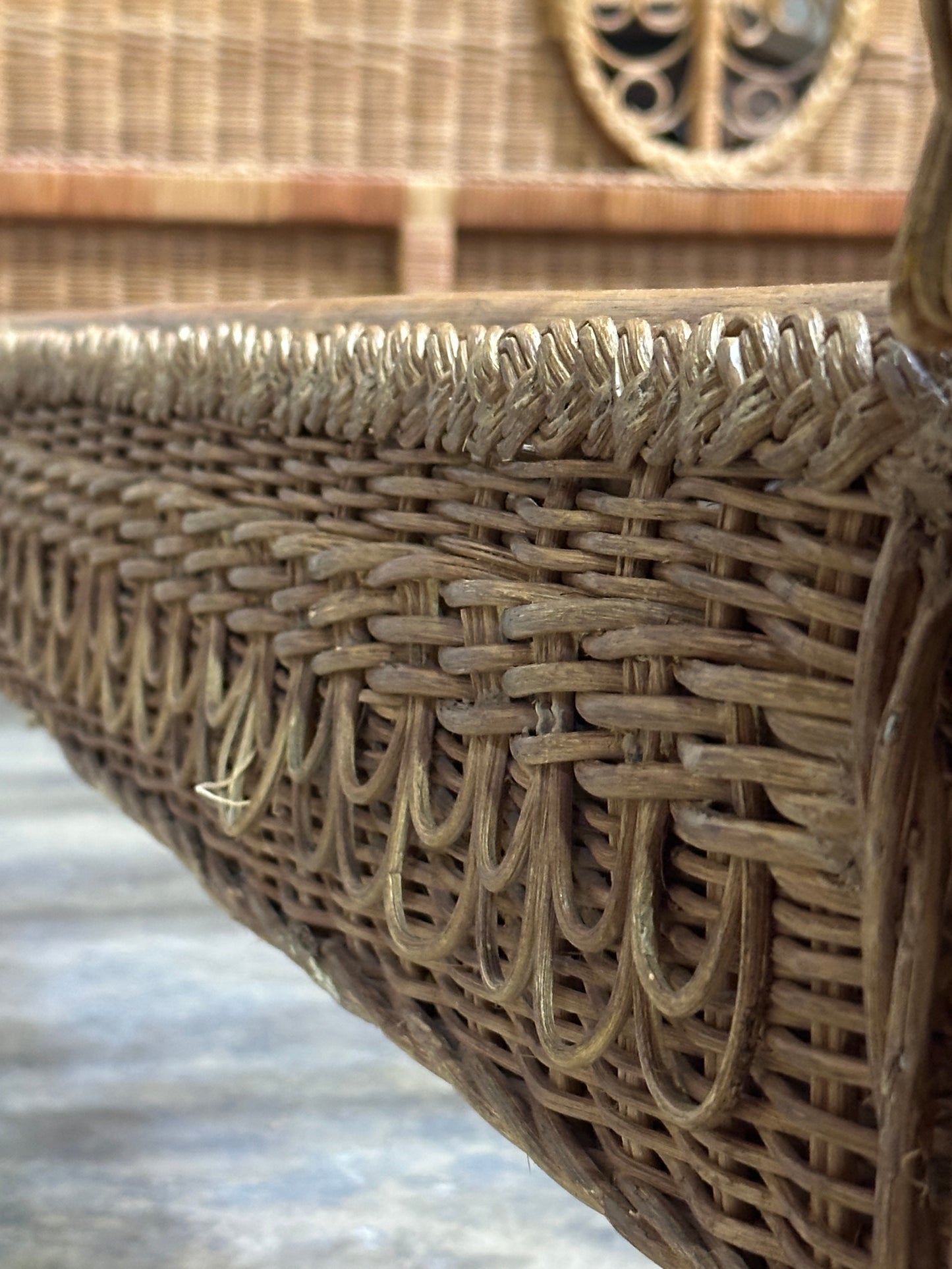 Polo Ralph Lauren Wicker Bed Queen, Scrolled Headboard, Brass Plaque
