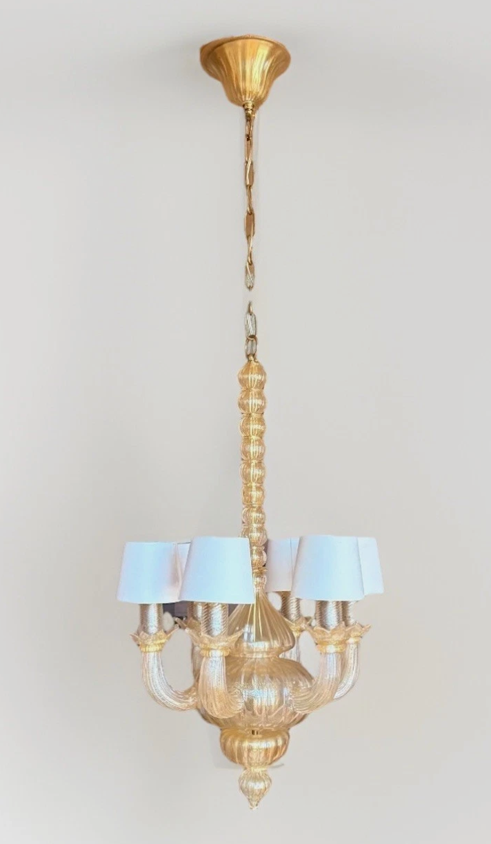 Murano Glass Chandelier Gold Iridescent 6-Light Venetian Pendant Neoclassical